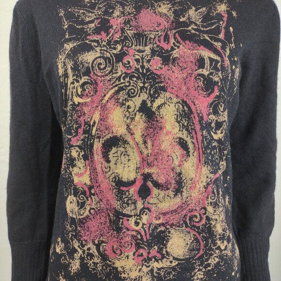 RXB black red tan Fleur De Lis round neck 100% Cashmere sweater ladies Large - Picture 3 of 7